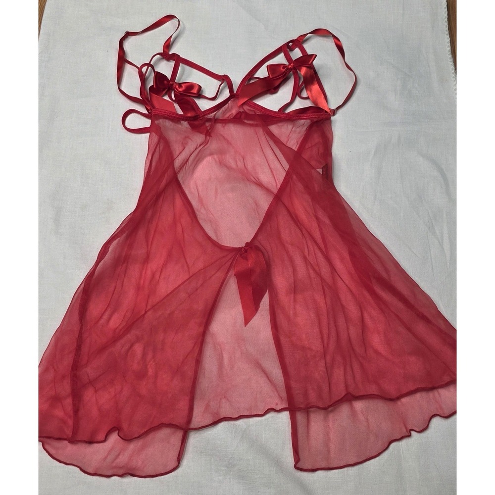 Vtg Dreamgirl Lingerie Babydoll Gown Queen O/S Red Sheer Mesh Bow Strappy Plus - Picture 4 of 11